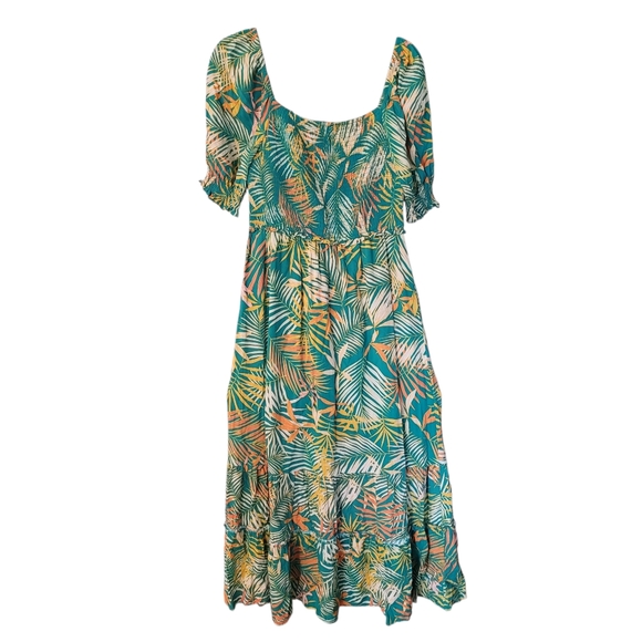 Betsey Johnson palm frond smocked. maxi dress - L.          G68 - Picture 9 of 10